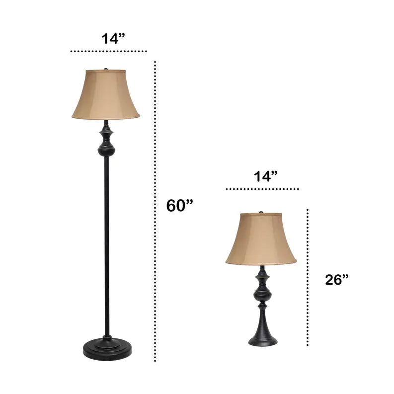 Lalia Home Homely Traditional Valletta 3 Piece Metal Lamp Set (2 Table Lamps, 1 Floor Lamp) All The Rages, Inc.