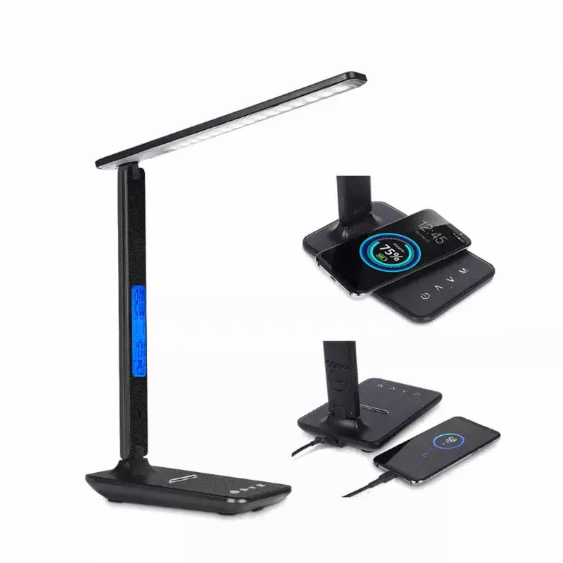 Black LED desk lamp with wireless charging pad and digital clock, sleek modern design, adjustable brightness settings.
