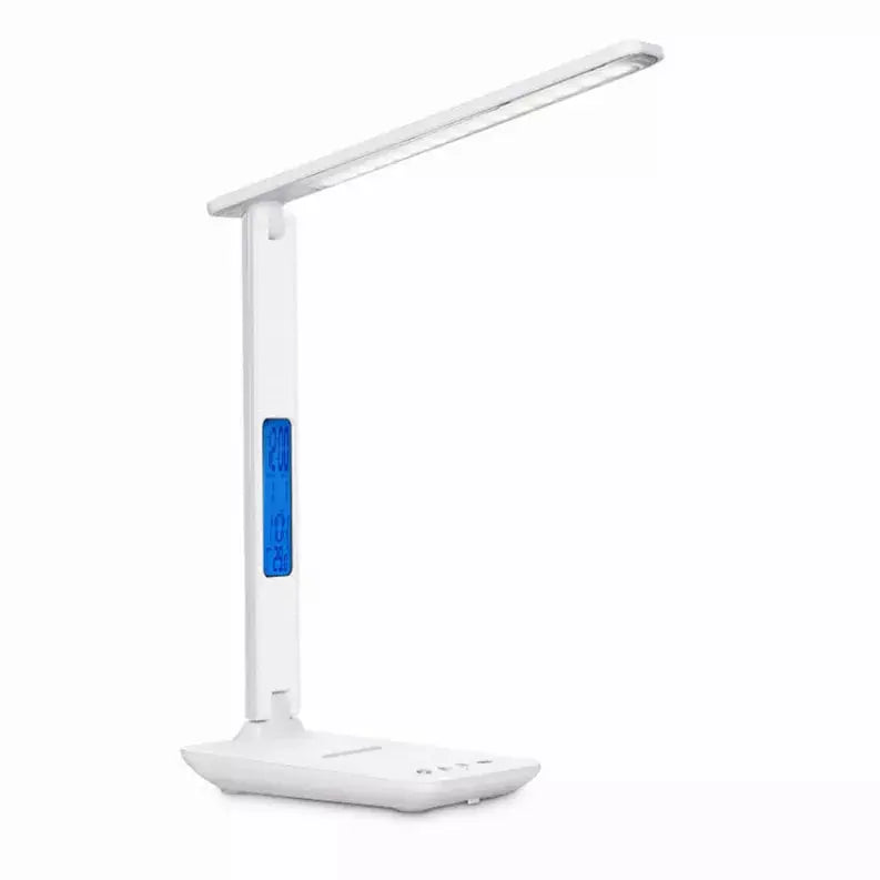 White LED desk lamp with digital display, adjustable arm, and modern design for home or office use.
