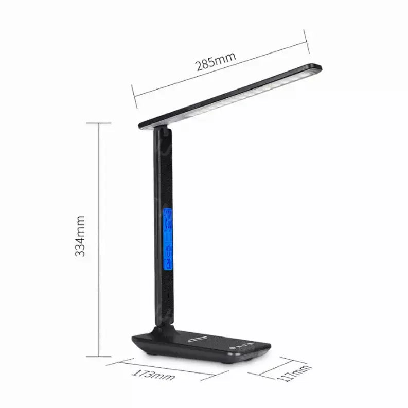 Black LED desk lamp with adjustable arm and blue digital display, measuring 334mm height and 285mm width.