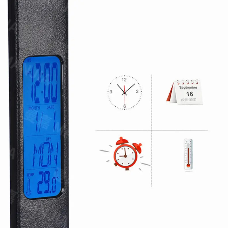 Digital clock and thermometer in black with blue display, showing time, date, and temperature. Ideal for home or office use.