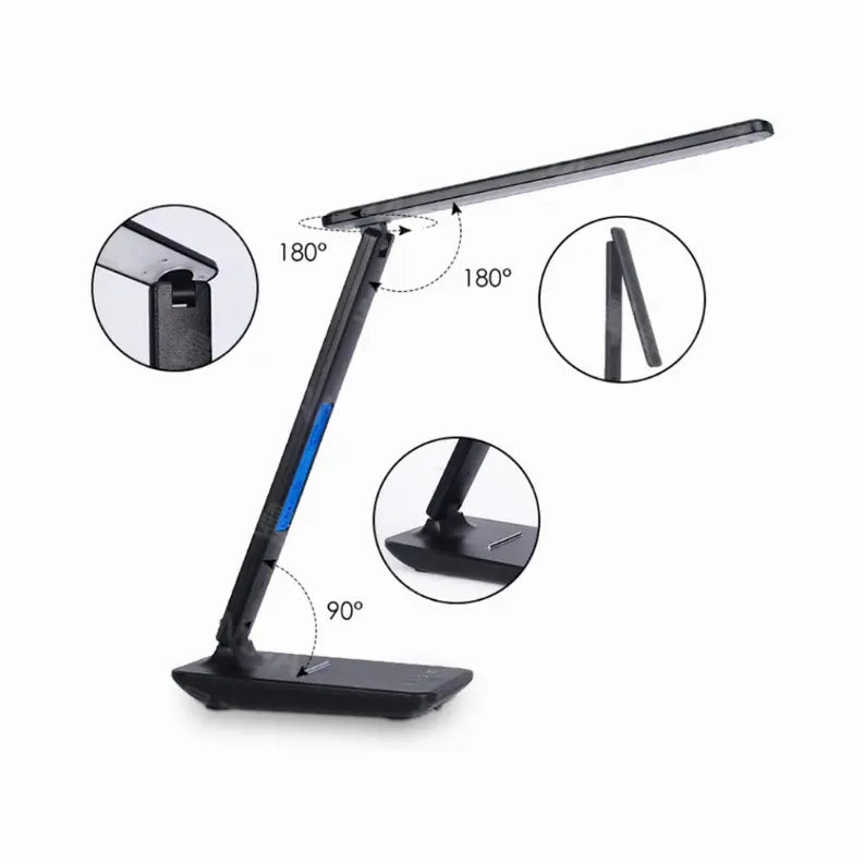 Adjustable black LED desk lamp with a sleek design and 180° rotation, perfect for modern workspaces.