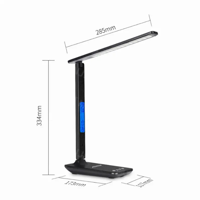 Black LED desk lamp with adjustable arm, digital display, sleek modern design, dimensions 285mm x 334mm x 173mm.