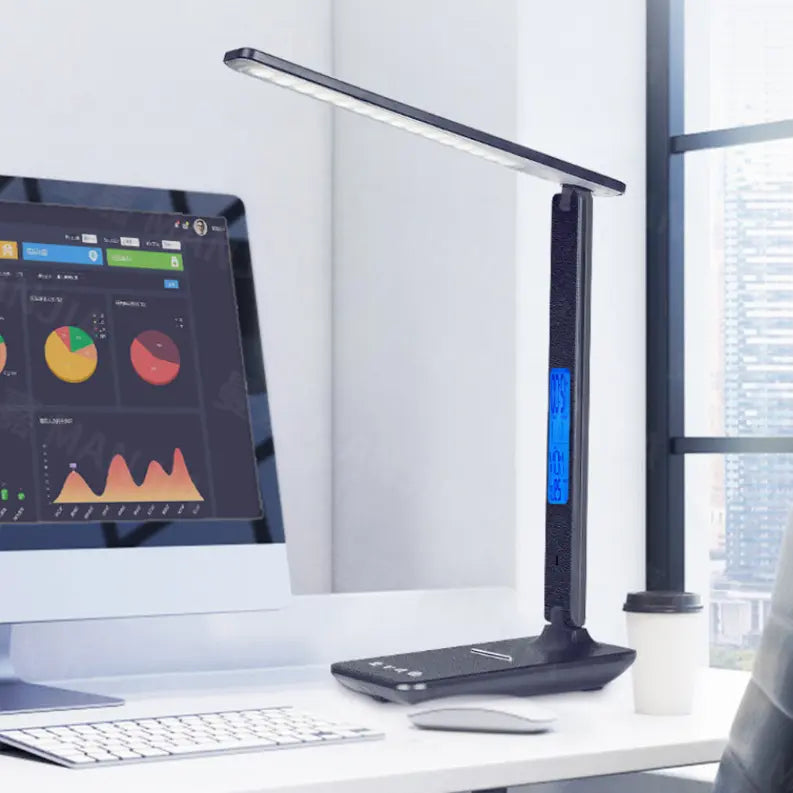 Sleek black LED desk lamp with adjustable arm, digital clock, and blue display, perfect for modern workspaces.
