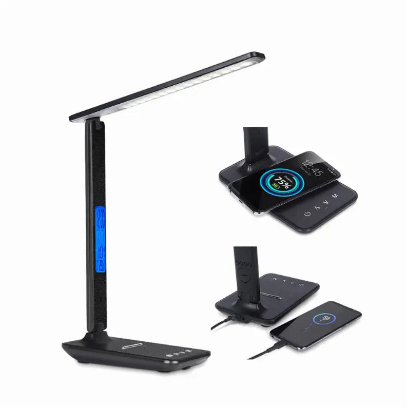 Sleek black LED desk lamp with wireless charging, touch controls, and a modern design for home or office use.
