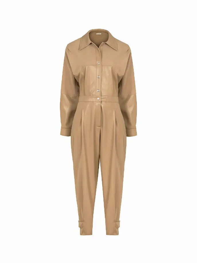 Lapel Collar Faux Leather Jumpsuit Monique Store