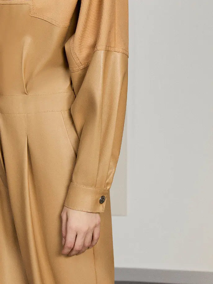 Lapel Collar Faux Leather Jumpsuit Monique Store
