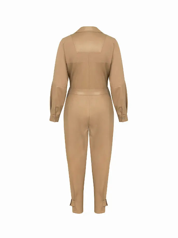 Lapel Collar Faux Leather Jumpsuit Monique Store