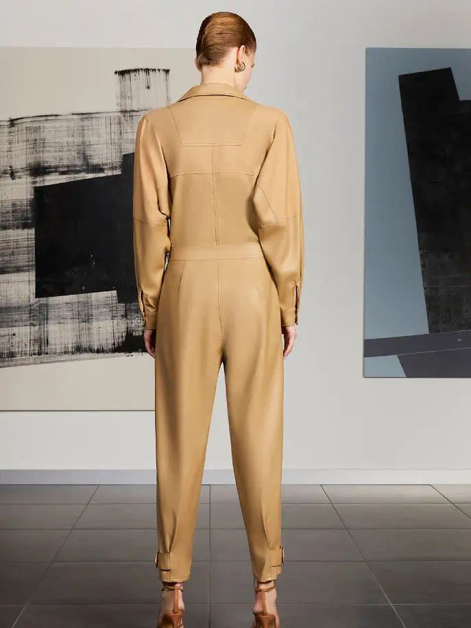 Lapel Collar Faux Leather Jumpsuit Monique Store