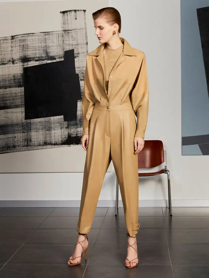 Lapel Collar Faux Leather Jumpsuit Monique Store