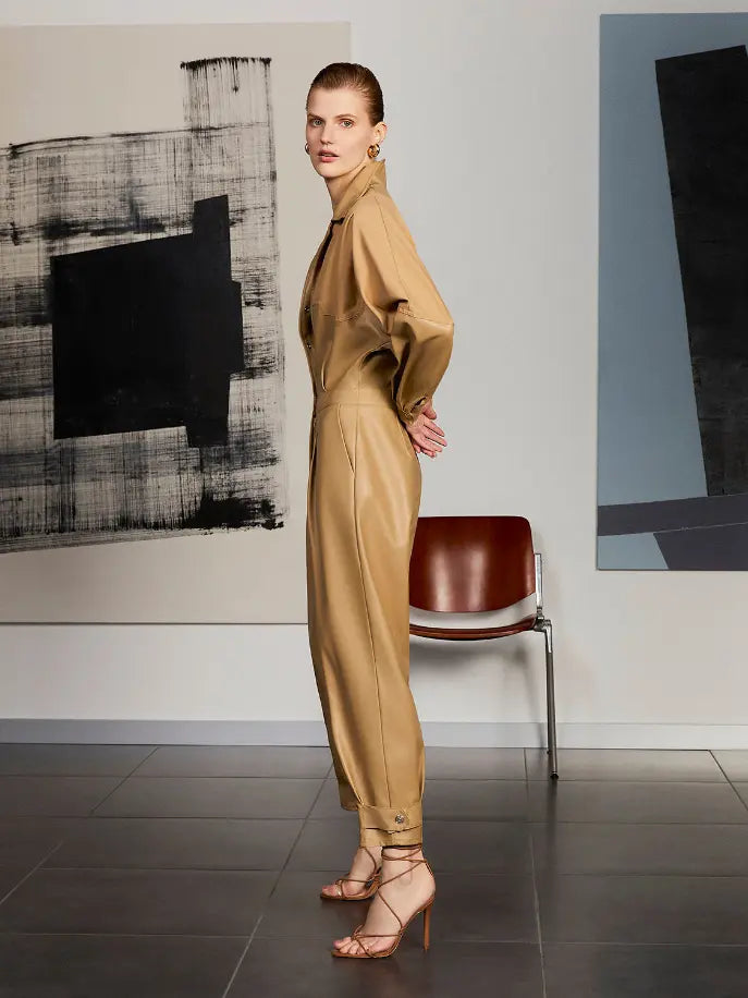 Lapel Collar Faux Leather Jumpsuit Monique Store