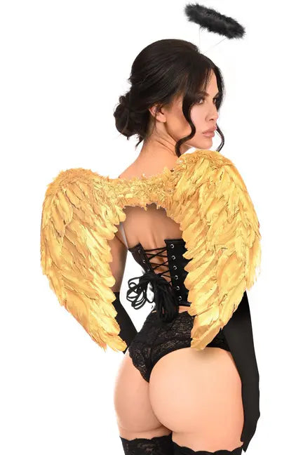 Gold feather angel wings with a black lace bodysuit, featuring a corset back and playful halo, perfect for costumes.