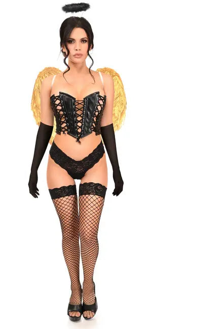 Black corset with lace-up front, matching black lingerie, yellow feather wings, and fishnet stockings for a sultry angel costume.
