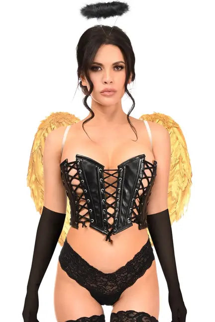 Black lace-up corset with golden angel wings, paired with black lace panties and sheer gloves, perfect for costume parties.