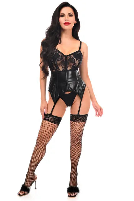 Lavish Black Wet Look & Lace Bustier Corset w/Garters Daisy Corsets