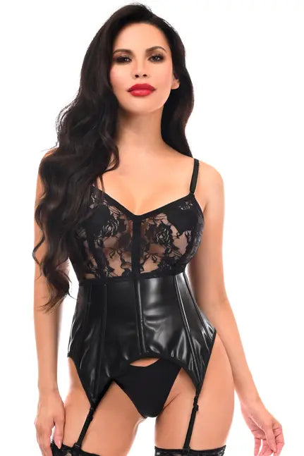 Lavish Black Wet Look & Lace Bustier Corset w/Garters Daisy Corsets