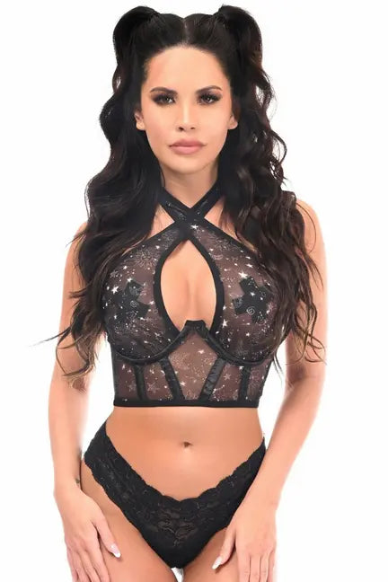 Black sheer lace crop top with star patterns and harness design, featuring a deep keyhole and adjustable straps.