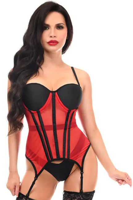 Lavish Red/Black Mesh Underwire Bustier Corset w/Garters Daisy Corsets