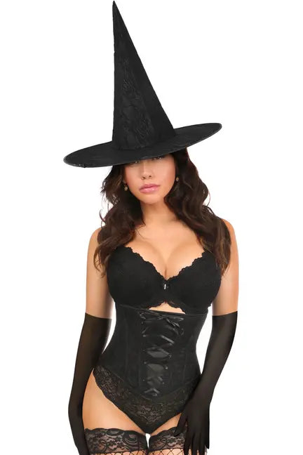 Black lace witch hat with matching corset and gloves, perfect for a sultry Halloween costume.