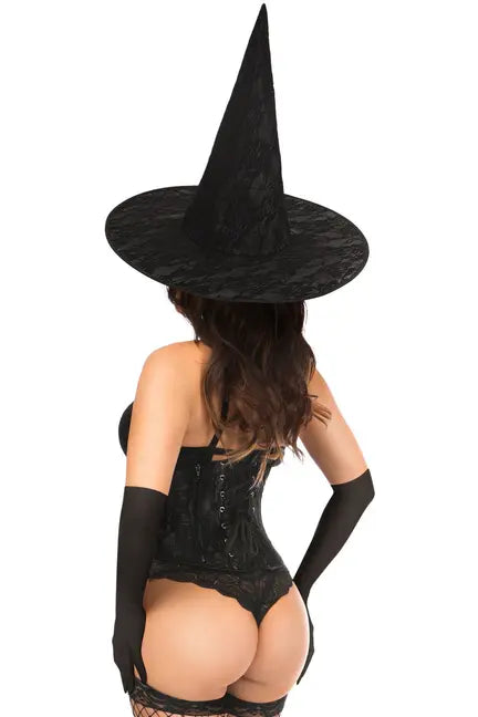 Black lace witch hat with a wide brim, paired with a black corset and thigh-high stockings for a seductive Halloween look.
