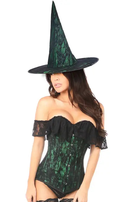 Green lace witch corset with off-shoulder design and matching tall hat, perfect for Halloween or costume parties.