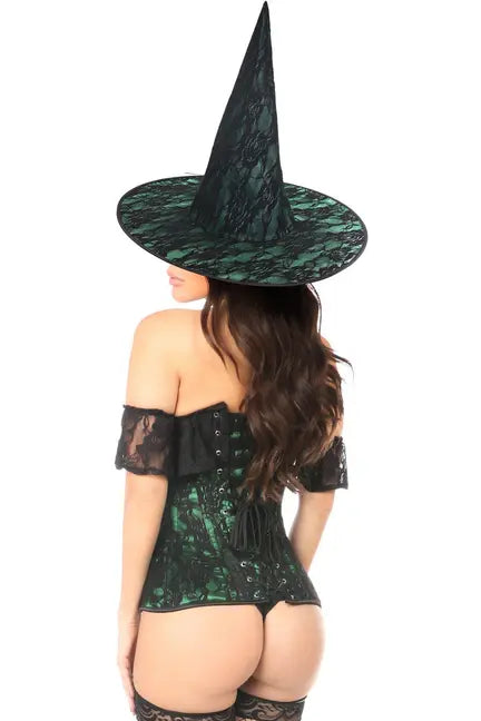 Black and green lace witch hat with pointed crown, paired with a matching corset for a stunning Halloween look.