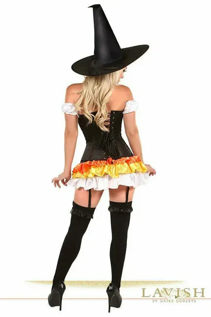 Black corset dress with orange and white layered skirt, witch hat, and thigh-high stockings, perfect for Halloween.