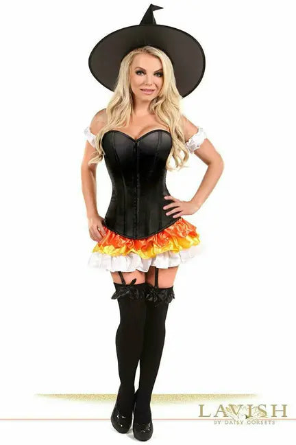 Black corset dress with orange and white ruffled skirt, witch hat, and black thigh-high stockings, perfect for Halloween.