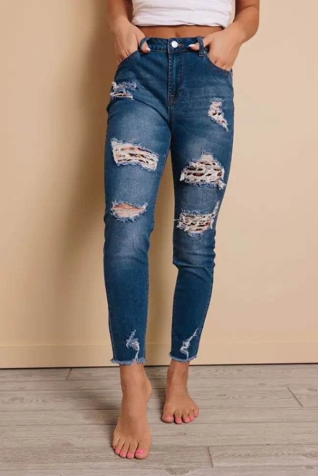 Leah Distressed Leopard Jeans Stay Warm in Style