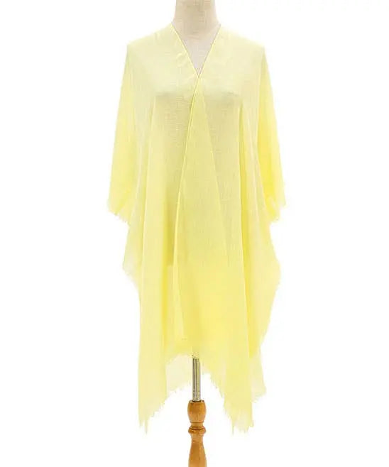Lemon Stonewash Solid Fringe-Trim Kimono JC Sunny Fashion