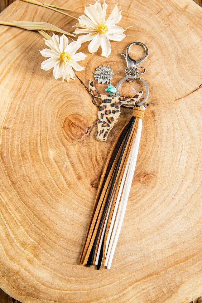 Leopard Print Steer Head Sunflower Tassel Keychain Blushing Owl Co