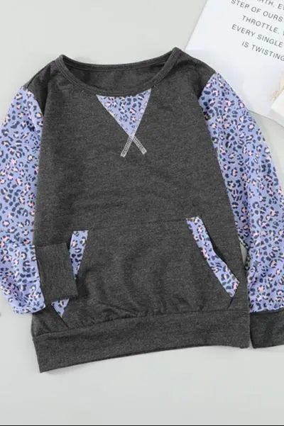 Leopard Raglan Sleeve Patchwork Little Girl Sweatshirt Stay Warm in Style