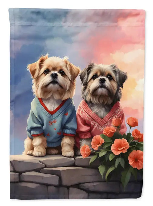 Cute dogs in stylish blue and pink sweaters with blooming orange flowers, perfect for home décor.