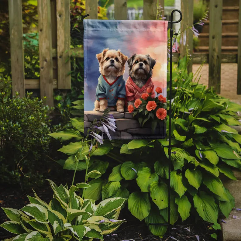 Adorable garden flag featuring two dogs in colorful outfits with flowers, perfect for pet lovers and home decor.