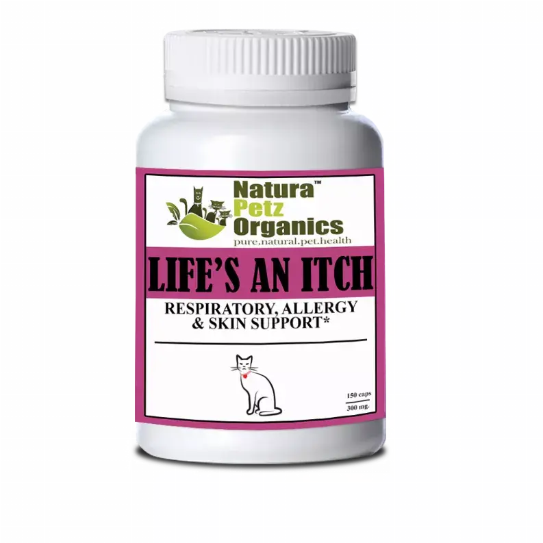 White bottle labeled "Life's An Itch" with purple accents, 159 capsules for respiratory, allergy, and skin support for pets.