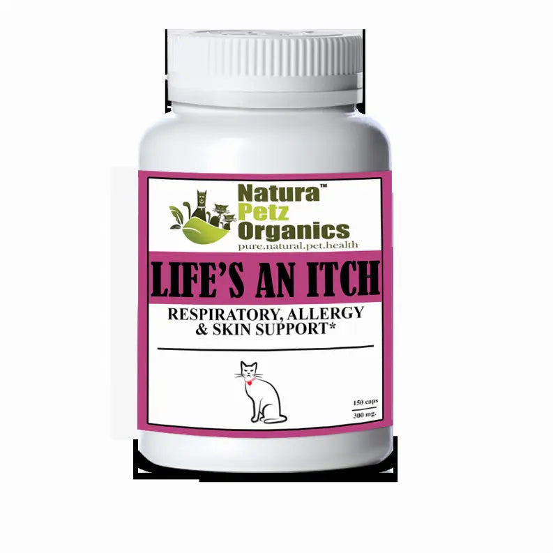 Natura Petz Organics Life's An Itch, 159 caps, respiratory, allergy & skin support for pets, white bottle with pink label.