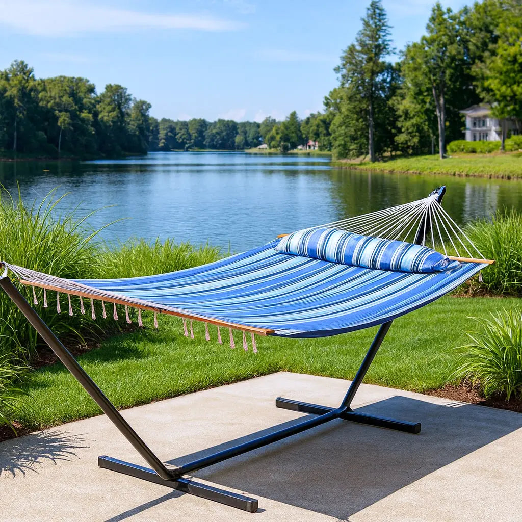 Light Blue And Dark Blue Striped Double Hammock Homeroots Outdoor