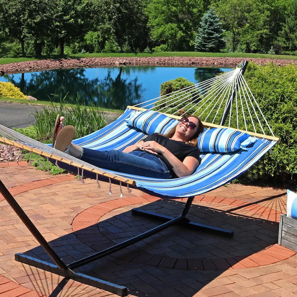 Light Blue And Dark Blue Striped Double Hammock Homeroots Outdoor