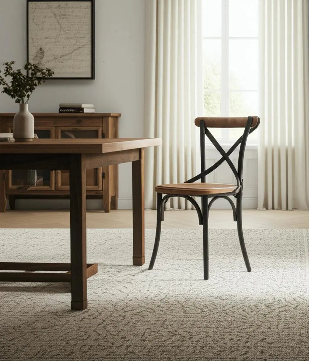 Light Brown and Black Solid Wood And Iron Cross Back Dining Side Chair Homeroots Kitchen & Dining