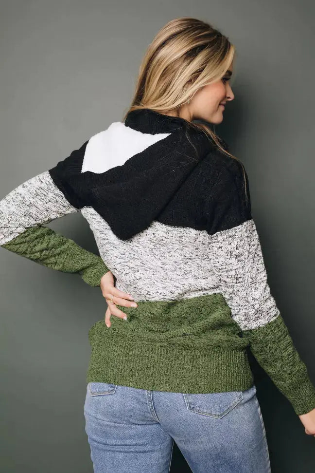 Light Hearted Hooded Color Block Cardi Stay Warm in Style