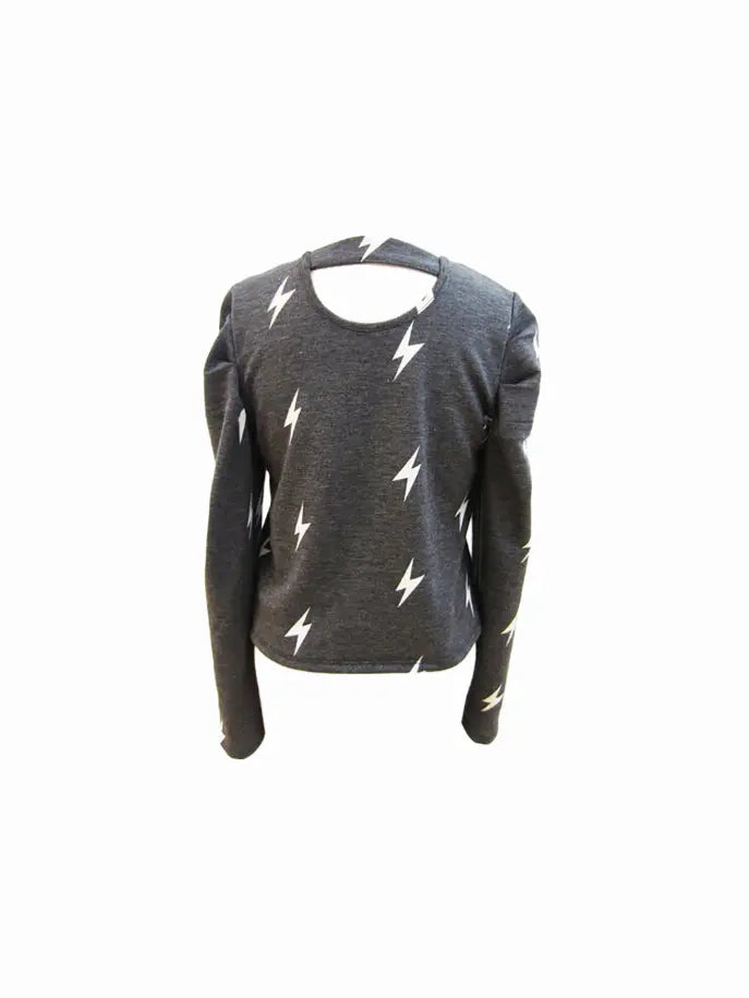 Gray sweatshirt with white lightning bolt print, featuring a round neckline and long sleeves. Casual and trendy style.