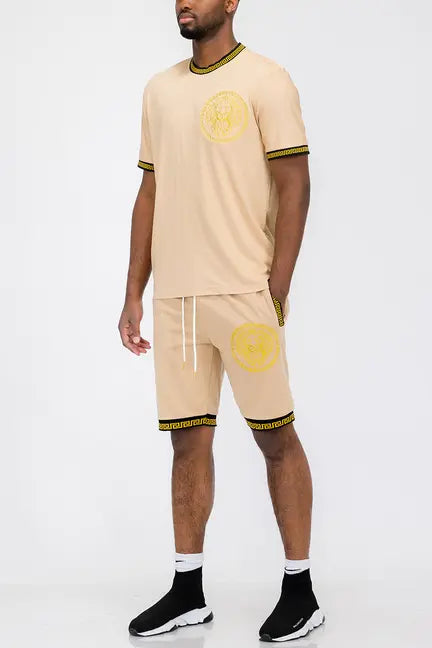 Men's beige graphic tee and shorts set with black and gold accents, perfect for casual streetwear.