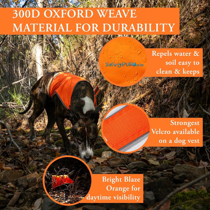 Lite Dog Vest. Coverage to Mid Back. Reflective Hi Visibility Blaze Orange Fluorescent Fabric Helps to Keep Them in Sight and Safe On and Off Leash. Safetypup Xd