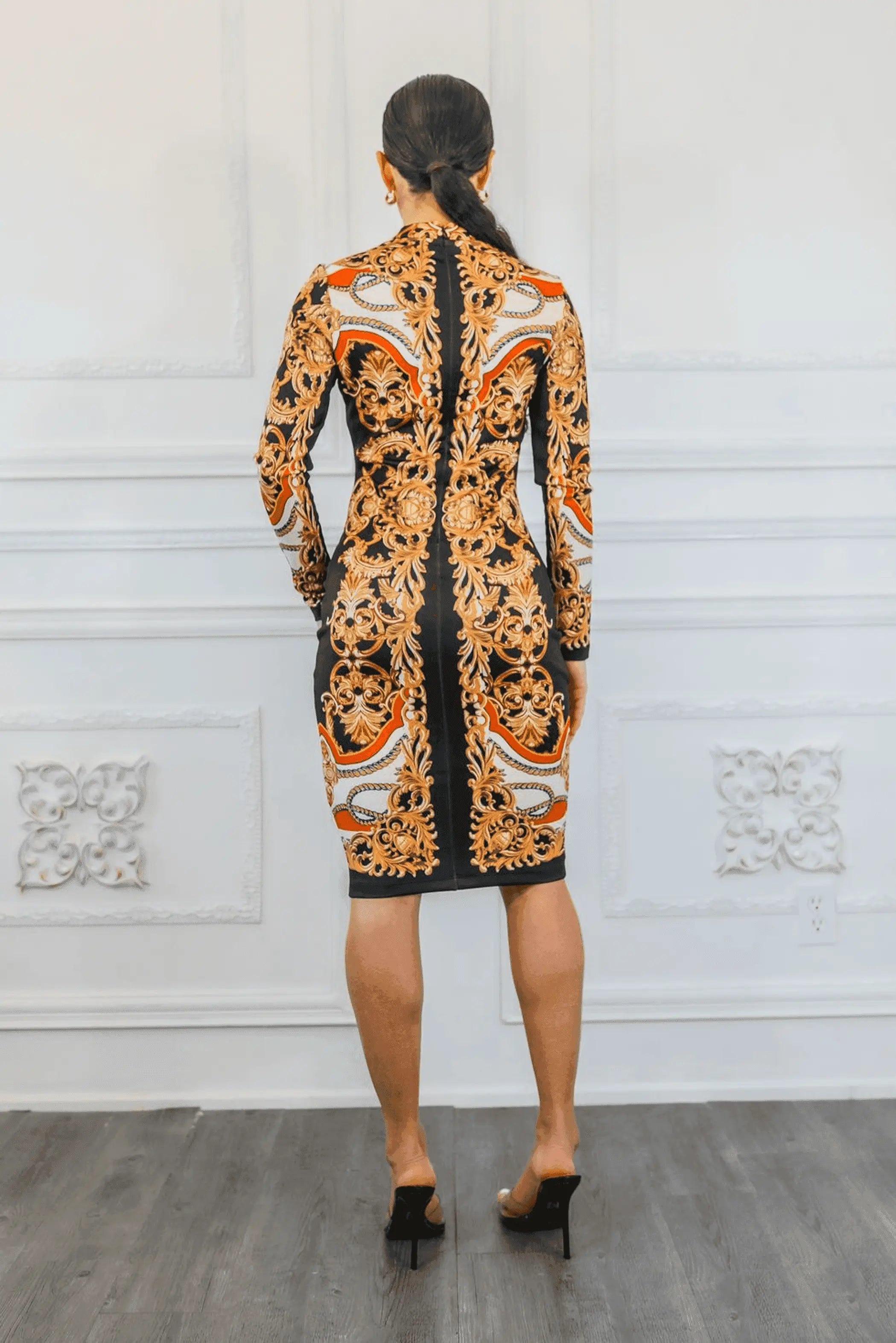 Lola Mock Neck Baroque PRINT Midi Dress SurelyMine
