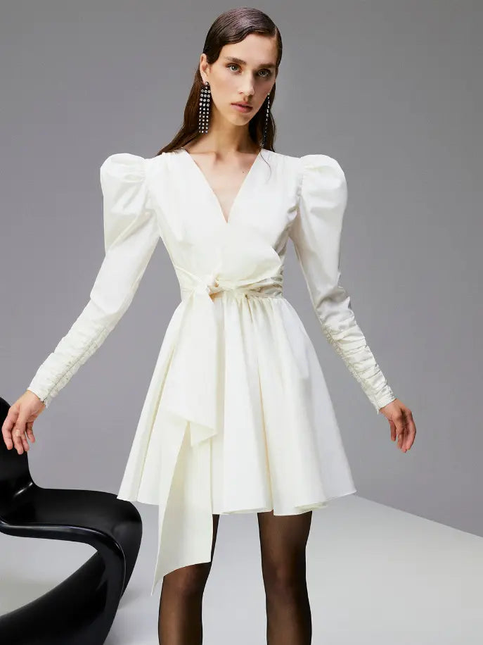 Long Puff Sleeves Belted Mini Dress Monique Store