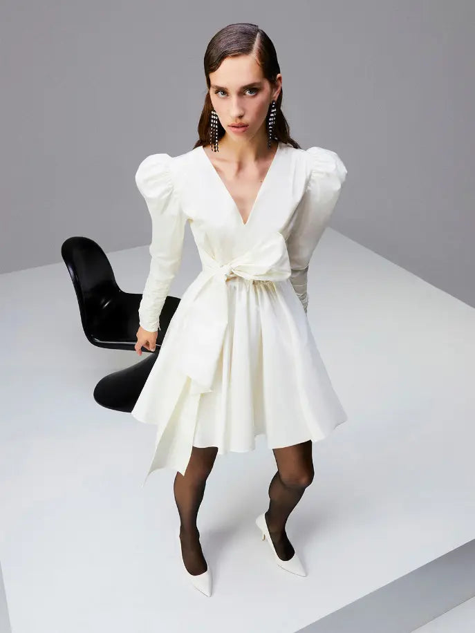 Long Puff Sleeves Belted Mini Dress Monique Store