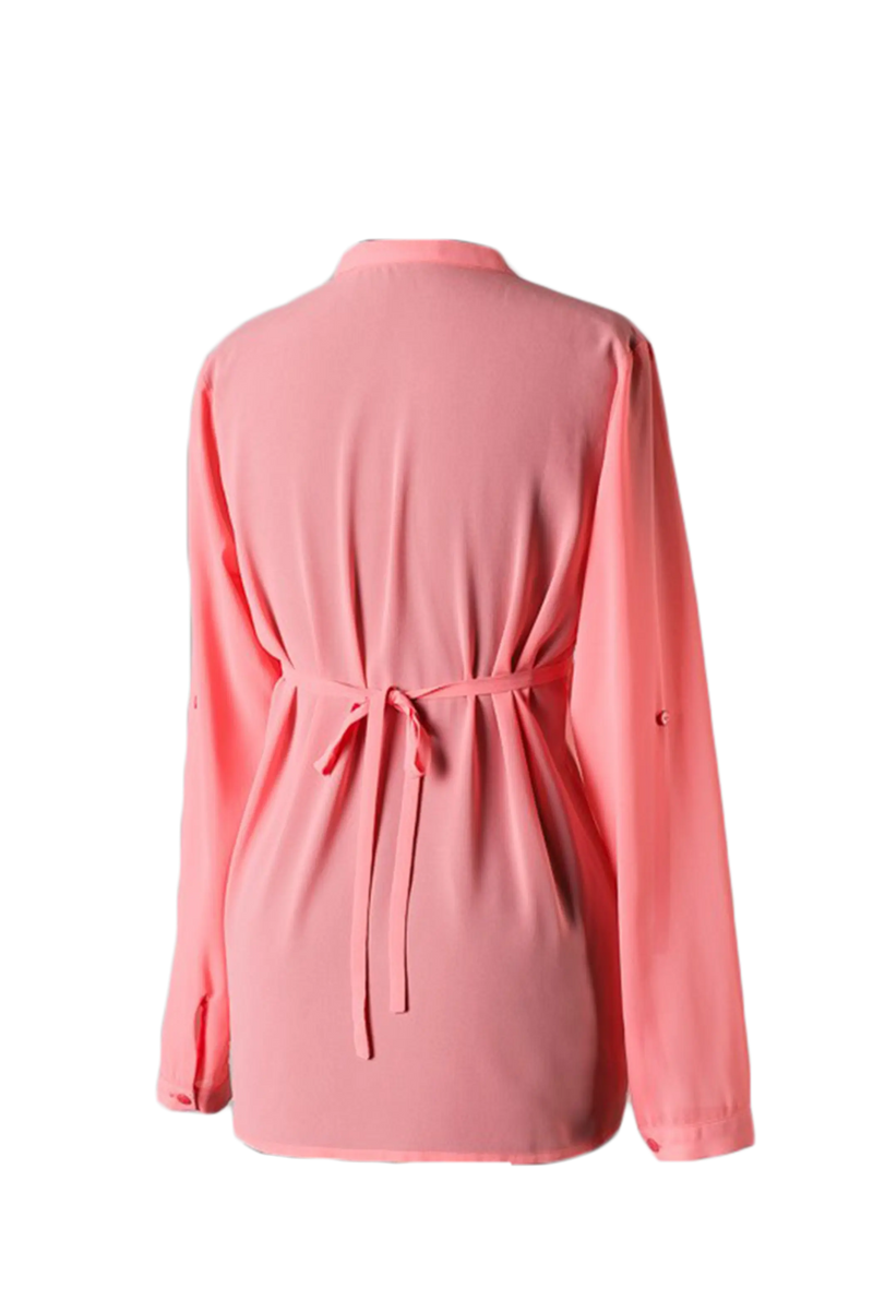 Long Sleeves Button Pleaded Blouse with Back Tie Waist Coral SurelyMine