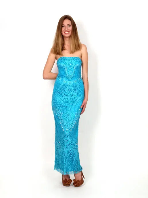 Long festive dress of turquoise color Raul E New York
