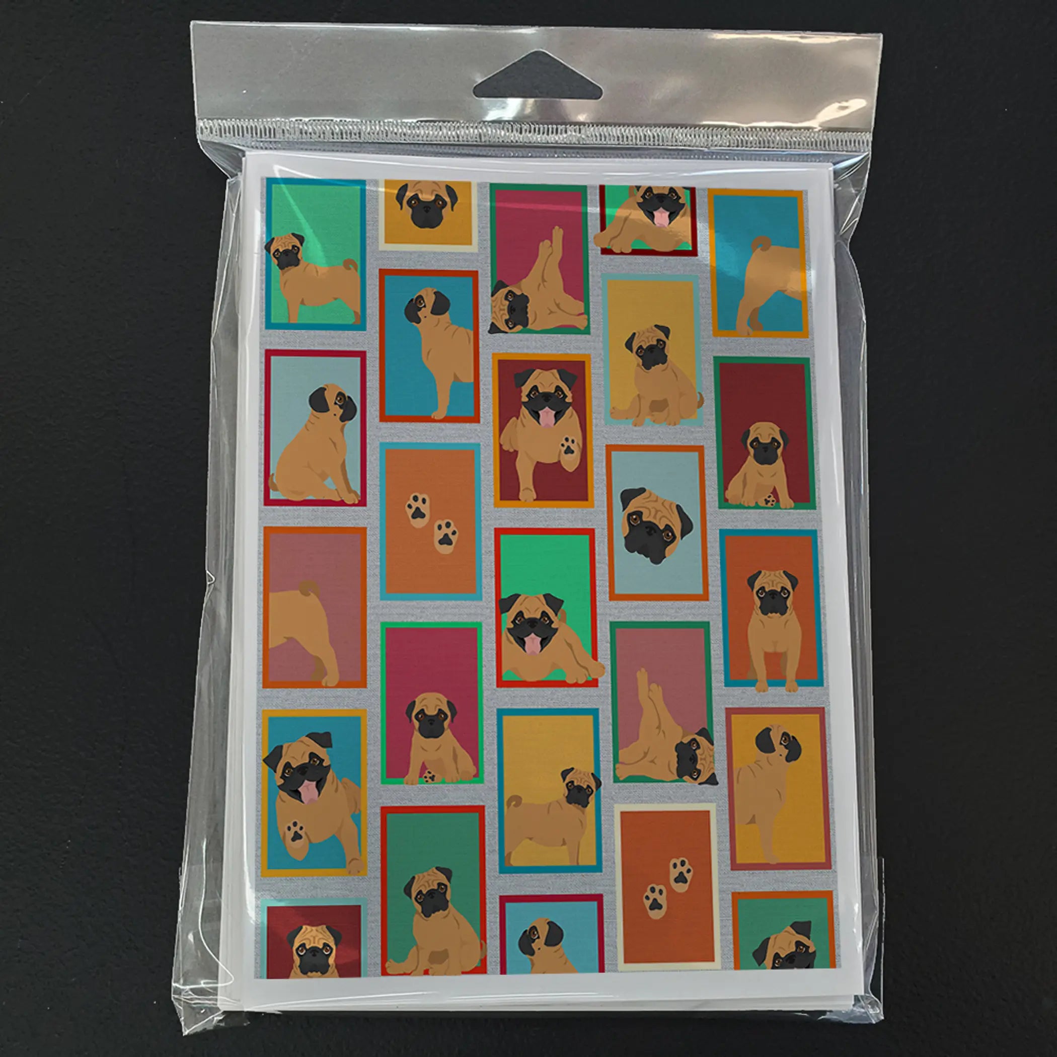 Colorful pug-themed greeting cards with vibrant patterns, featuring various pug illustrations on glossy cardstock.