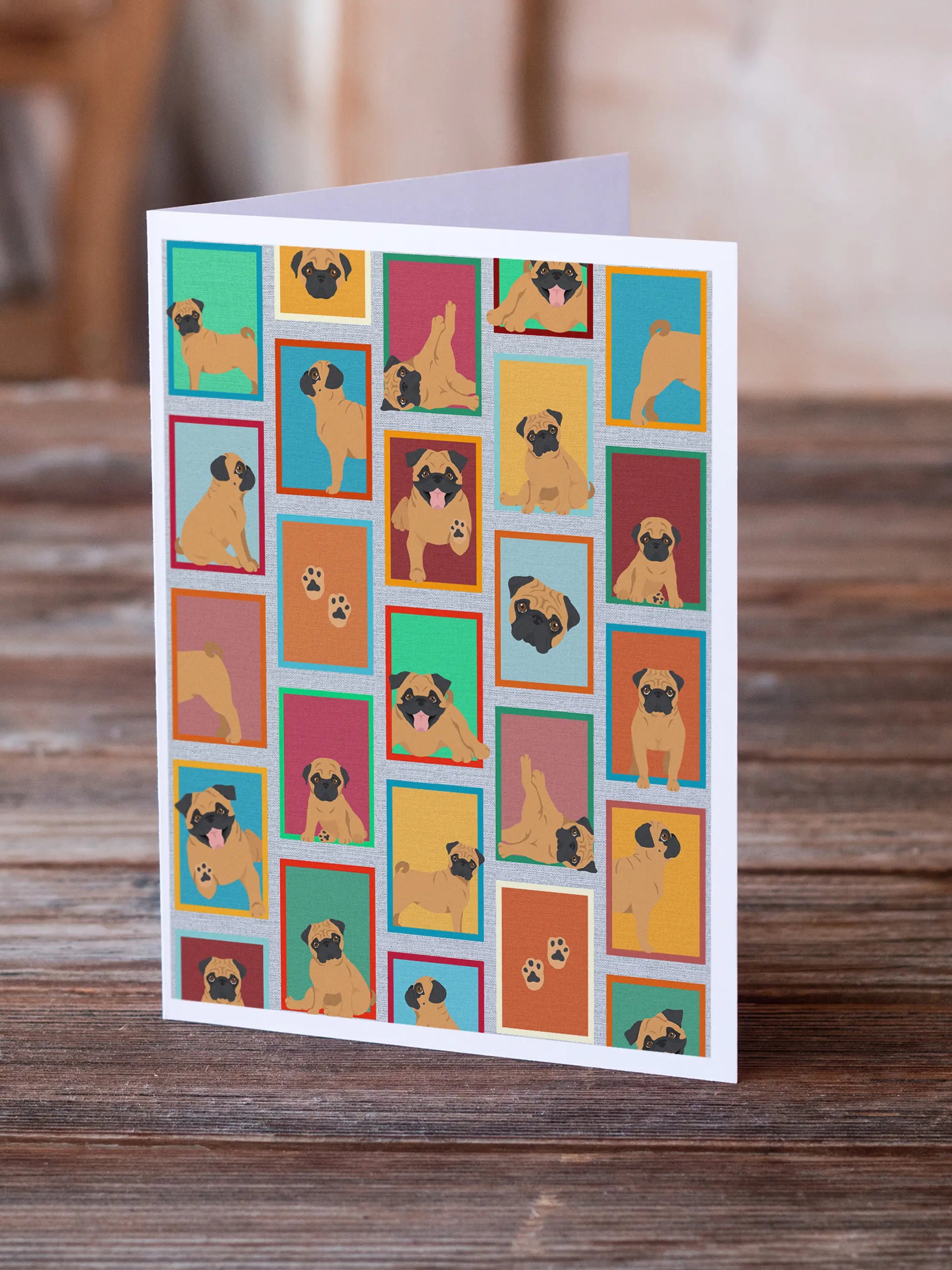 Colorful pug-themed greeting card featuring playful illustrations on a white matte finish. Perfect for dog lovers.